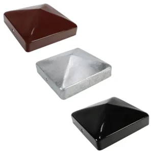 Flat fence post caps in a red oxide, zinc and black finish