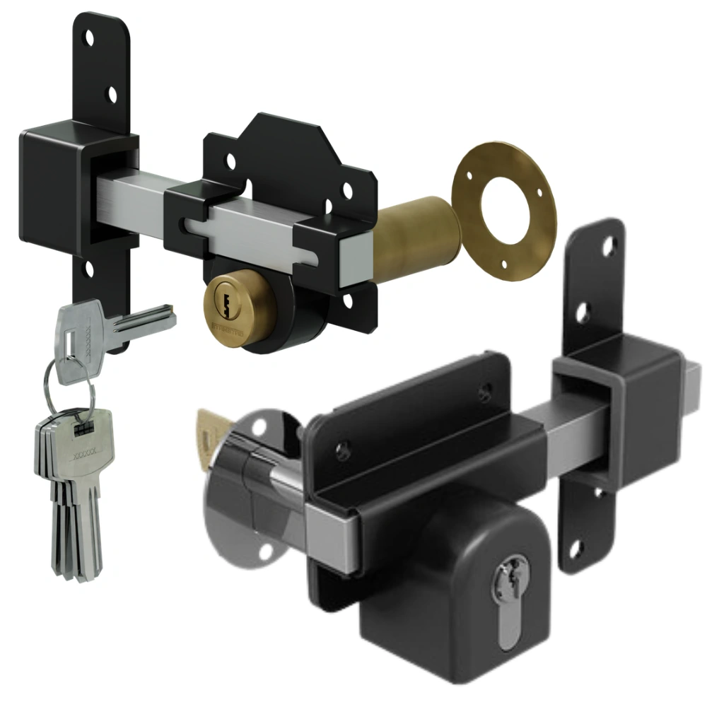 Double locking long throw gate locks Gatemate