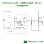 50mm double locking long throw gate locks dimensions